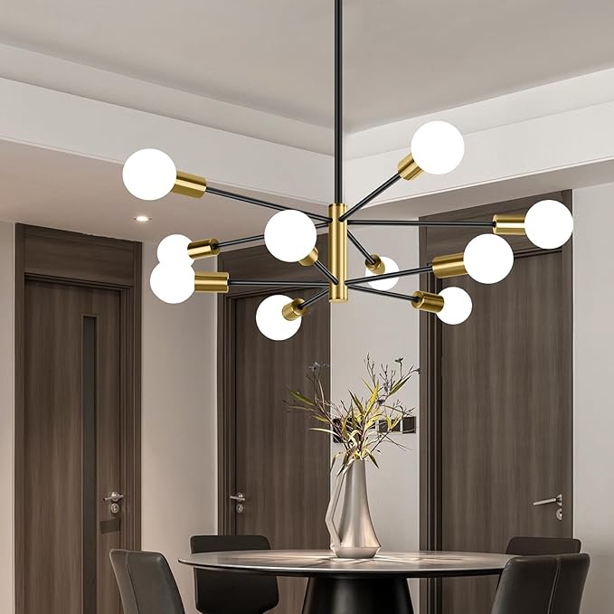 BesLowe 31'' 10-Light Modern Sputnik Chandelier, Mid Century Black & Gold Chandeliers Lighting, Farmhouse Ceiling Hanging Light Fixture for Dining Room Bedroom Room Kitchen Foyer, Height Adjustable