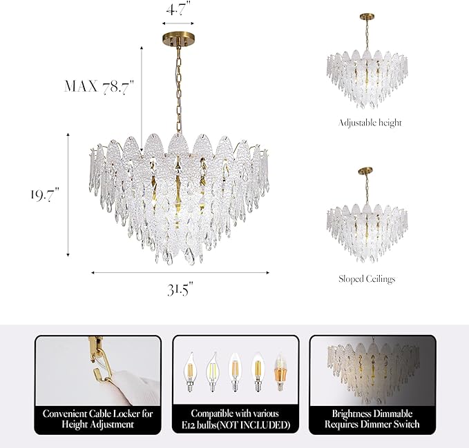 31.5" Gold Glass Chandelier, 5-Tier 12-Light Round Pendant Ceiling Fixture 59" Hanging Adjustable Chain for Foyer, Living Room, Bedroom, Dining Room