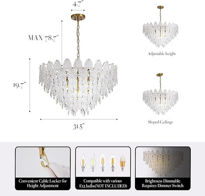 31.5" Gold Glass Chandelier, 5-Tier 12-Light Round Pendant Ceiling Fixture 59" Hanging Adjustable Chain for Foyer, Living Room, Bedroom, Dining Room