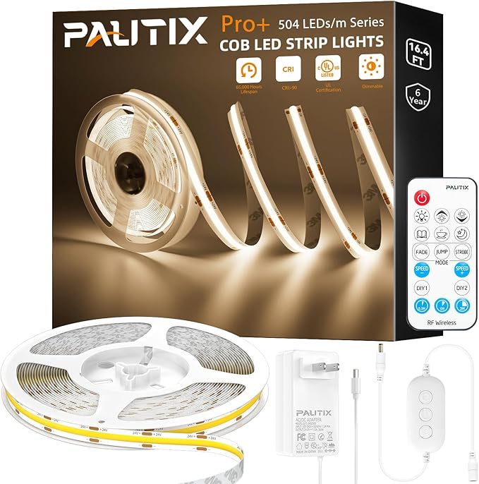 PAUTIX COB LED Strip Light 2520LEDs,Super Bright High Lumen 4000K Natural White 16.4ft,Dimmable 24V LED Tape Light with 3M Tape,RF Remote with Timer Function,36W Adapter,for Bedroom,Home,Kitchen DIY