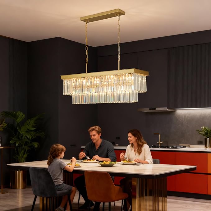 Weesalife Crystal Chandeliers for Dining Room Light Fixtures Over Table，11-Lights Gold Modern Rectangle Chandeliers for Kitchen Island Bar L33.5 Inch