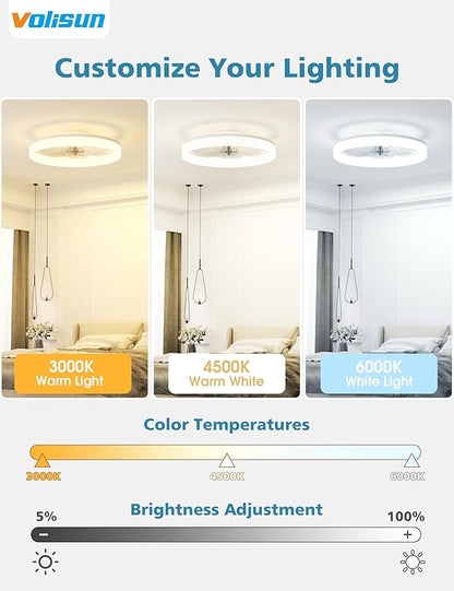 VOLISUN Low Profile Ceiling Fans with Lights and Remote, Ceiling Fan with Light Flush Mount, No Assembly, 3000K-6500K Dimmable, White Fandelier Ceilings Fans with Lights for Bedroom