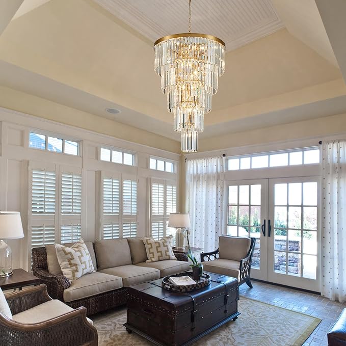 Gold Long Crystal Chandelier for High Ceiling, Height 35.5 inch 5-Tier Modern Chandeliers Lighting Fixture, Round Light for Entryway Staircase Foyer