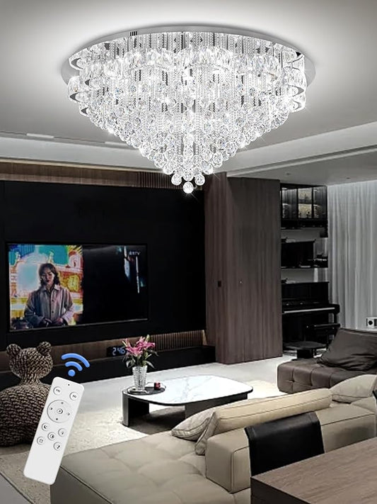 Flashing God 48inches Chrome Crystal Chanderliers for Living Room Entryway Modern Crystal Folwer Ceiling Light for Foyer Interior LED Dimmable Lighting 2700k 4500k 6000k