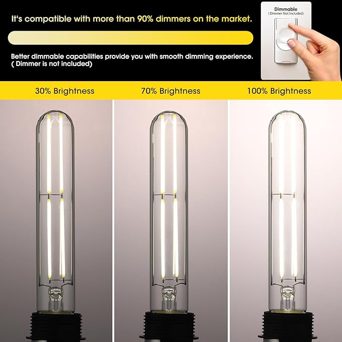 Gozelux 7.3 Inch Long Tubular Vintage LED Edison Bulbs, 6W, Equivalent 60W, High Brightness Daylight 5000K, T10 LED Filament Bulbs with 90+ CRI, E26 Medium Base, Dimmable, Clear Glass, Pack of 6