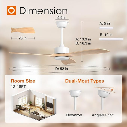 addlon 2 Pack 52 inch Ceiling Fan No Light, White Ceiling Fans with Remote Control, Reversible, 3 Wood Blades, 6 Speeds, Noiseless, Wood Ceiling Fan without Light for Indoor/Outdoor Use