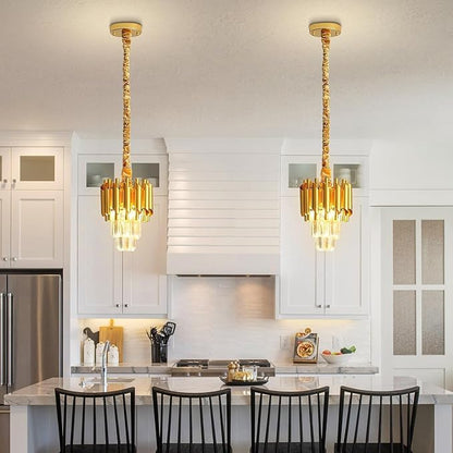 Modern Gold Crystal Chandelier 2-Tier Round Pendant Lighting Light Fixture Chandelier for Kitchen Island Entryway Bathroom BedHead Bedroom
