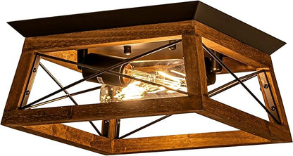 Rpzloila Farmhouse Ceiling Light, 2-Light Flush Mount Light Fixture with Metal and Wood Design, Rustic Light Fixture for Kitchen, Entryway, Hallway, Bedroom