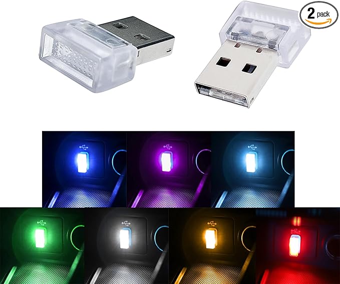 2Pcs USB LED Atmosphere Lights Mini Car Interior Accessories Ambient Lamp Universal, Mini USB LED Decoration Night Light for All Car Interiors (Multicolor)