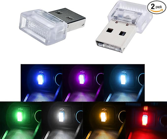 2Pcs USB LED Atmosphere Lights Mini Car Interior Accessories Ambient Lamp Universal, Mini USB LED Decoration Night Light for All Car Interiors (Multicolor)