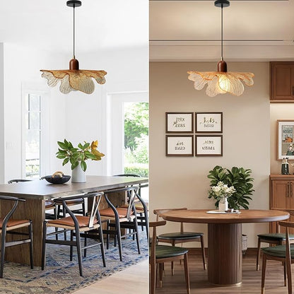Vintage Glass Pendant Light Fixtures 2 Pack Modern Floral Chandelier with Hand-Blown Amber Glass Shade Natural Wood Grain Adjustable Hanging Light for Bedroom Entryway Dining Room