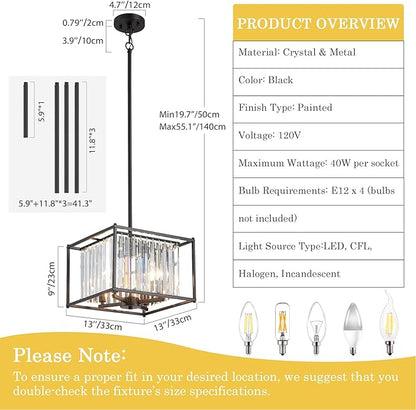 Square Small Crystal Chandeliers for Dining Room, 4-Light Black Pendant Ceiling Light Fixture 13" Mini Modern Farmhouse Adjustable Hanging Lamps for Bedroom Entryway Hallway