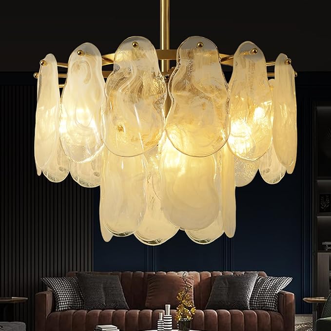 Gold Modern Crystal Chandeliers 16.4in 2 Tier Pendant Light Fixtures 6-Light Round Cloud Glass Chandelier White and Gold Hanging Lighting for Dining Living Room Kitchen Island Bedroom Hallway