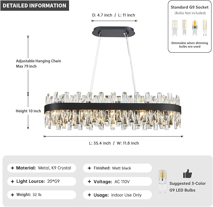 Modern Black Crystal Chandelier for Dining Room, Rectangle K9 Crystal Raindrop Chandelier Lights, Contemporary Ceiling Hanging Light Fixtures for Kitchen Island Dining Room, Length 35.4 inches