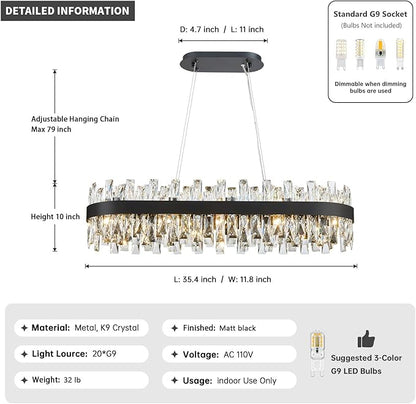 Modern Black Crystal Chandelier for Dining Room, Rectangle K9 Crystal Raindrop Chandelier Lights, Contemporary Ceiling Hanging Light Fixtures for Kitchen Island Dining Room, Length 35.4 inches