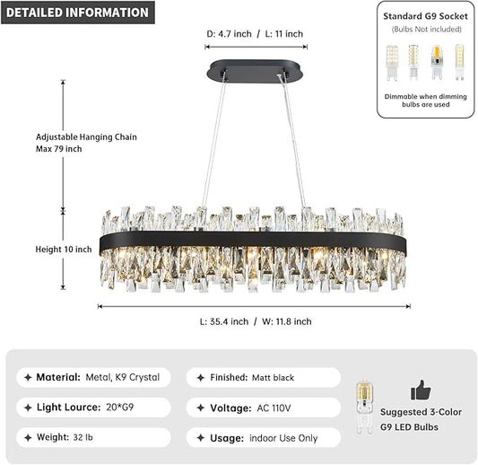 Modern Black Crystal Chandelier for Dining Room, Rectangle K9 Crystal Raindrop Chandelier Lights, Contemporary Ceiling Hanging Light Fixtures for Kitchen Island Dining Room, Length 35.4 inches