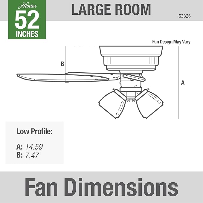 Hunter 52 inch Indoor Ceiling Fan with LED Lights - White Ceiling Fan with Pull Chain, For Bedroom, Living Room, or Kitchen, Low Profile Flush Mount, No Remote, 5 Blades - Builder 53326, Snow White