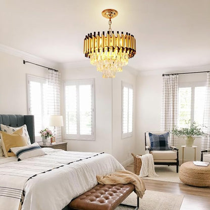 Depuley Modern Gold Crystal Chandelier: 5-Light Flush Mount Chandelier 12 3-Tier Inch Luxury Round Hanging Pendant Light Fixture for Porch Bedroom Dining Room Foyer Included Bulbs