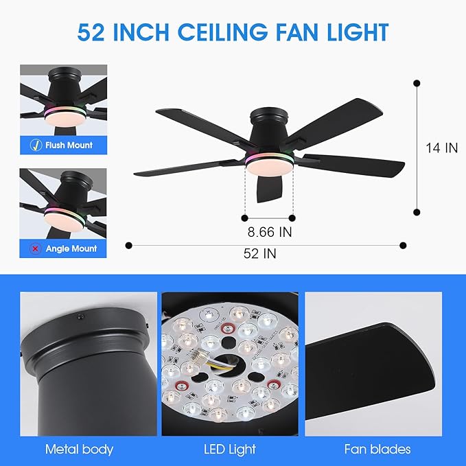 Surtime 52" Ceiling Fans with RGB Lights-Low Profile Ceiling Fan with Light and Remote/APP Control,Flush Mount,DC Reversible,LED Dimmable Black Ceiling Fans for Bedroom,Indoor/Outdoor Patio Use