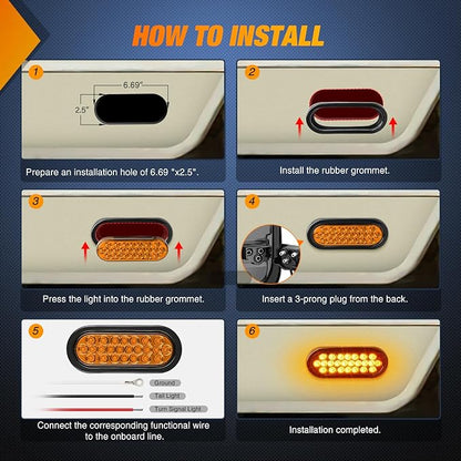 Nilight 6Inch Oval Trailer Tail Light 2PCS Amber 24LED Turn Signal Lights w/Flush Mount Grommets Plugs IP67 Waterproof for 12V Truck ATV UTV Bus RV Camper