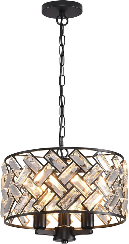lobolighting Black Crystal Chandelier, 11'' Modern Chandelier, 3-LightSemi Flush Mount Ceiling Light Fixture for Dining Room Foyer Hallway