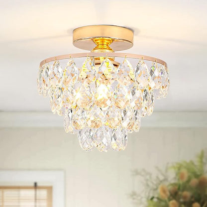 Luupyia Gold Crystal Chandelier Small, Mini Ceiling Light Modern Flush Mount Crystal Chandelier Hallway Overhead Light Fixtures Ceiling for Hallway Bedroom Hall Living Room E26