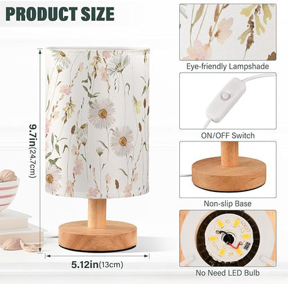 Bedside Table Lamp Flowers Nightstand Lamp with Wood Daisy Floral Leaves Desk Lamps for Bedroom Living Room Nursery Office Home Decor