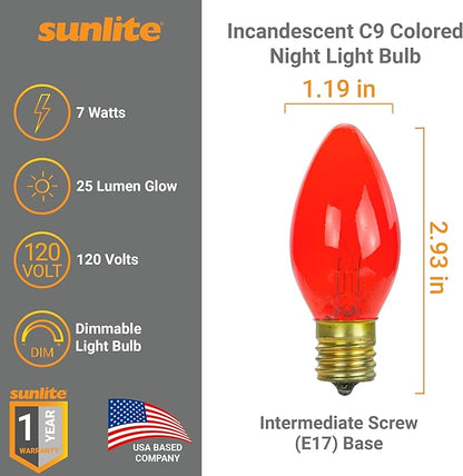 Sunlite 7C9/TR Incandescent 7-Watt, Intermediate Based, C9 Night Light Colored Bulb, Transparent Red, 25 Pack