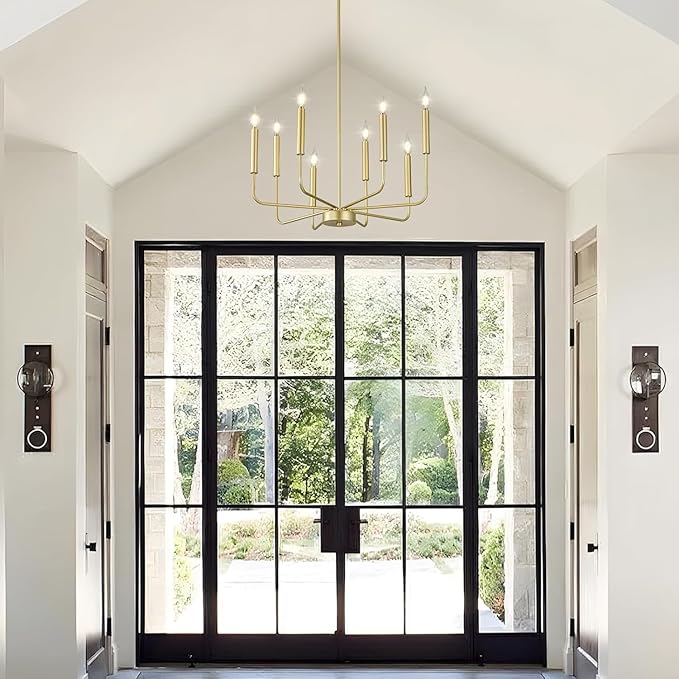 WOKNOS Modern Gold Farmhouse Chandeliers, 8-Light Industrial Metal Chandelier Lighting, Classic Candle Hanging Pendant Light Fixtures for Kitchen Bedroom, Dining Room, Living Room,Foyer