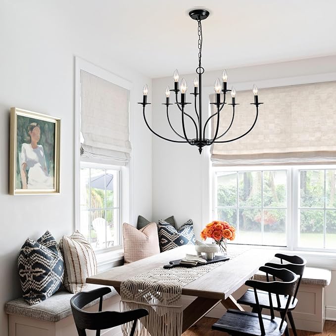 Black Chandelier, 9 Light Industrial Iron Farmhouse Chandeliers, 2-Tier Candle French Country Chandelier for Living Room Dining Room Bedroom Foyer