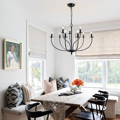 Black Chandelier, 9 Light Industrial Iron Farmhouse Chandeliers, 2-Tier Candle French Country Chandelier for Living Room Dining Room Bedroom Foyer