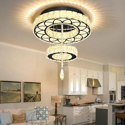 Flashing God Dia 16" Black Modern Crystal Chandeliers Flush Mount Chandelier Dimmable LED Light Crystal Ceiling Light for Hallway Bedroom Living Room Dining Room