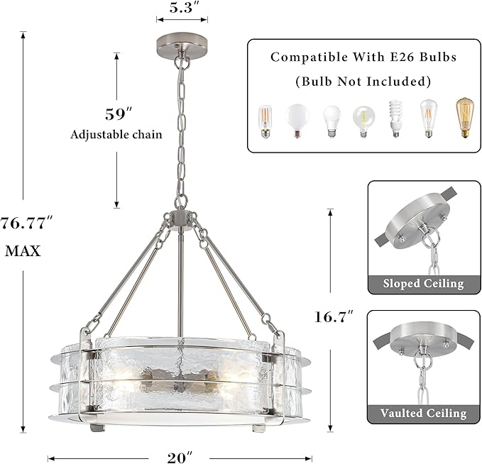 Modern Chandeliers for Dining Room, 20" Brushed Nickel Textured Glass Chandelier Luxury Light Fixture Drum Hanging Lighting for Dining Room Kitchen Island Living Room Hallway Bedroom