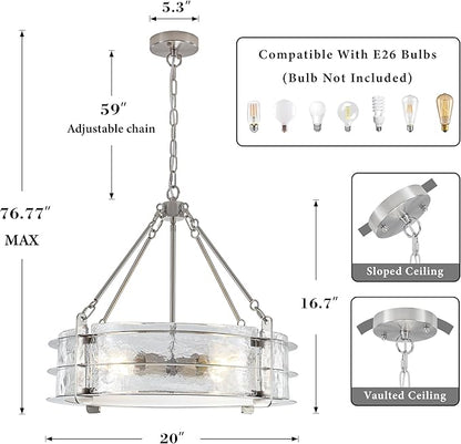 Modern Chandeliers for Dining Room, 20" Brushed Nickel Textured Glass Chandelier Luxury Light Fixture Drum Hanging Lighting for Dining Room Kitchen Island Living Room Hallway Bedroom