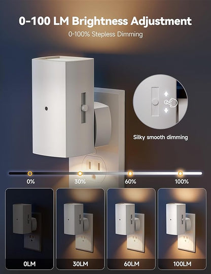 Brightown 2 Pack White Night Lights Plug into Wall, Modern Night Light with Rotating Plug, Dusk to Dawn Sensor, 0-100LM Stepless Dimming Aora Night Light for Hallway Bedroom Bathroom, Soft White