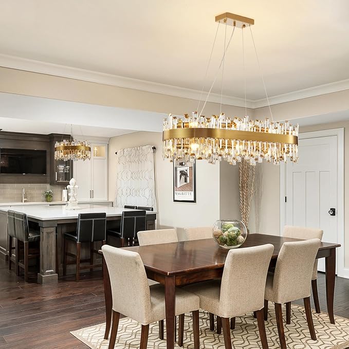 Modern Crystal Chandelier, 16-Light Rectangular Gold Crystal Chandelier for Dining Room, Luxury Oval 2-Tiers K9 Crystal Flush Mount Pendant Ceiling Light for Living Room Kitchen Island L35.4''