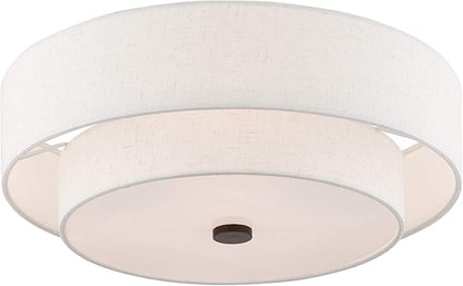 Livex Lighting 51085-92 4-Light Semi Flush Mount Ceiling Fixture with Oatmeal Color Fabric Hardback Drum Shade and Satin White Diffuser, English Bronze