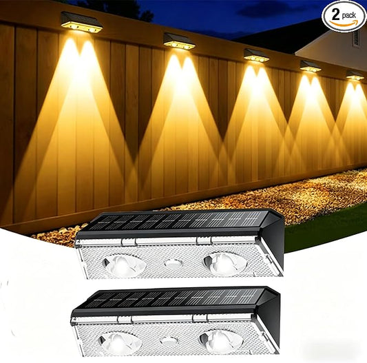 Solar Fence Lights Outdoor, 2 Pack IP65 Waterproof Fence Lights Solar Powered with Ultra-Bright LED Lens, 9 Color Modes, 12+ Hours Steady Glow for Deck/Backyard/Patio/Pool/Wall - Pure Black