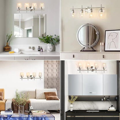 Bathroom Light Fixtures 4-Light Brushed Nickel Bathroom Vanity Light with Clear Glass Shade, Modern Wall Lights for Bedroom Hallway Living Room (Nickel, 4-Light)
