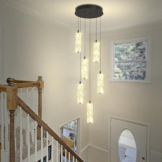 ykolupty Modern Pendant Light for Stairwell LED Dimmable Black Pendant Chandelier Crystal Pendant Light for Kitchen Island Stairwell Foyer Dining Room