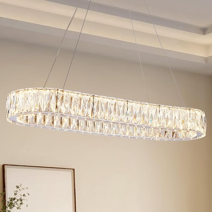 Depuley Crystal Chandeliers for Dining Room: 27.5 Inch Modern Linear Chandelier Contemporary Rectangle Pendant Light Fixture for Kitchen Island Bar Over Table with Remote Control