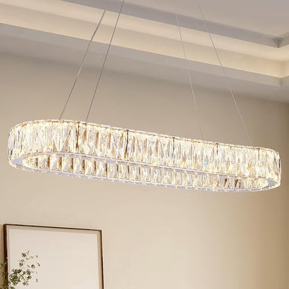 Depuley Crystal Chandeliers for Dining Room: 27.5 Inch Modern Linear Chandelier Contemporary Rectangle Pendant Light Fixture for Kitchen Island Bar Over Table with Remote Control