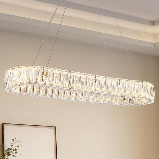 Depuley Crystal Chandeliers for Dining Room: 27.5 Inch Modern Linear Chandelier Contemporary Rectangle Pendant Light Fixture for Kitchen Island Bar Over Table with Remote Control