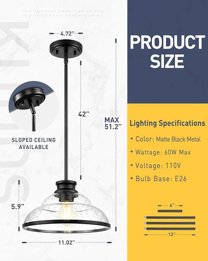 kudos Pendant Lights Kitchen Island, 11" Black Pendant Lights with Seeded Glass Shade, Farmhouse Large Pendant Light fixtures for Kitchen Sink Dining Room Hallways, KDPL14-BK