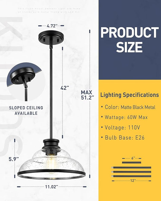 kudos 2 Pack Pendant Lights Kitchen Island, 11" Black Pendant Lights with Seeded Glass Shade, Farmhouse Large Hanging Light Fixture for Kitchen Sink Dining Room Hallways, KDPL14-BK-2PK