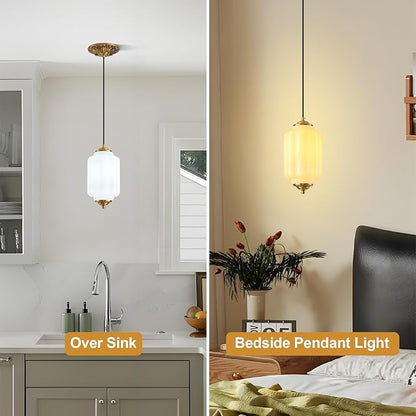 Milk Glass Pendant Light, 5.5in Small Schoolhouse Light Fixture, LED Bulb Included, Vintage Art Deco Chandelier for Kitchen Island Dining Room Bedroom Hallway, White & Antique Gold 1 Pack