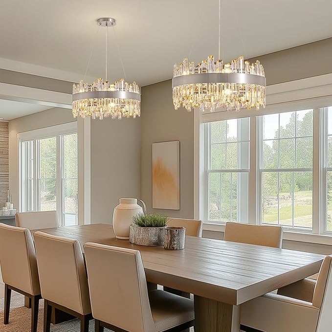 Siljoy 12-Light Modern Crystal Chandeliers Luxury 2-Tiers K9 Crystal Raindrop Chandelier Adjustable Dimmable Crystal Ceiling Light for Dining Room Living Room Bedroom Kitchen D19.7''