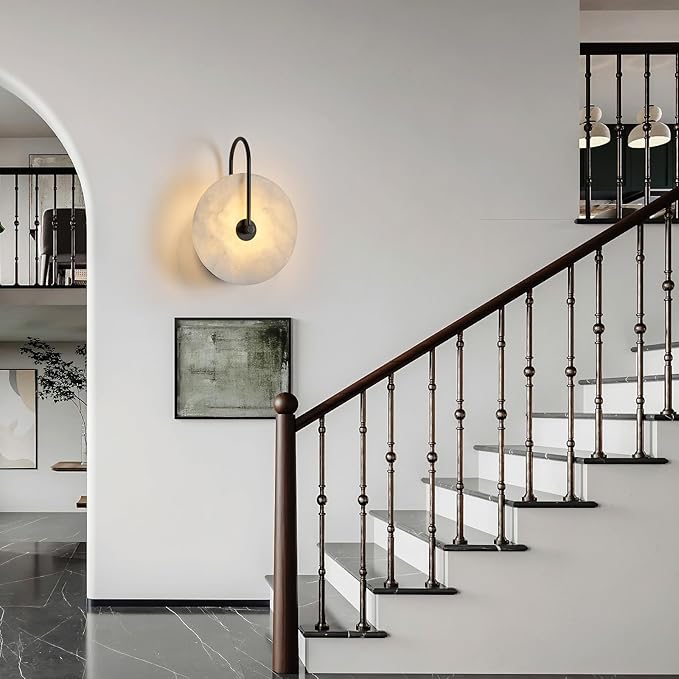 Round Alabaster Wall Sconce, Natural Marble Lampshade Wall Sconce, Hardwired Circular Sconce LED Modern Wall Lamp for Bedroom, Stairs, Living Room, Bedside, Hallway 9.84 Inch Black