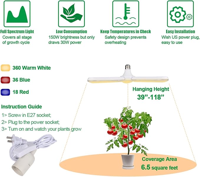 2 Pack 150W LED Grow Light Bulb Foldable Sunlike Full Spectrum Grow Light for Indoor Plants, 414 LEDs Sunlike Plant Light with Power Cord, E27 Plant Lamp for Flowers,Greenhouse Hydroponic