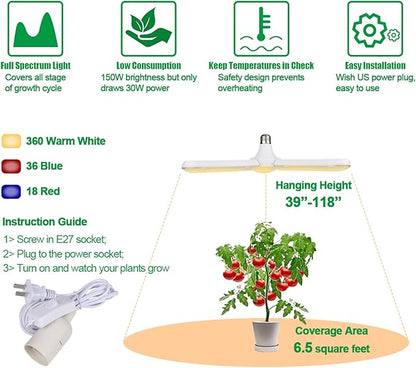 2 Pack 150W LED Grow Light Bulb Foldable Sunlike Full Spectrum Grow Light for Indoor Plants, 414 LEDs Sunlike Plant Light with Power Cord, E27 Plant Lamp for Flowers,Greenhouse Hydroponic